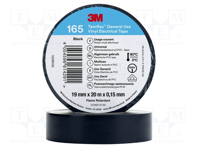 Tape: electrical insulating; W: 19mm; L: 20m; Thk: 0.15mm; black