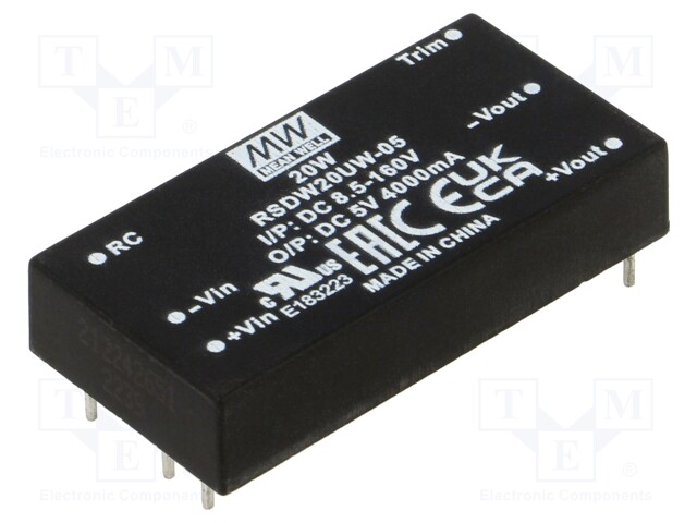 Isolated Board Mount DC/DC Converter, Railway, 1 Output, 20 W, 5 V, 4 A