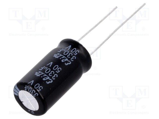 Capacitor: electrolytic; THT; 330uF; 50VDC; Ø10x20mm; Pitch: 5mm