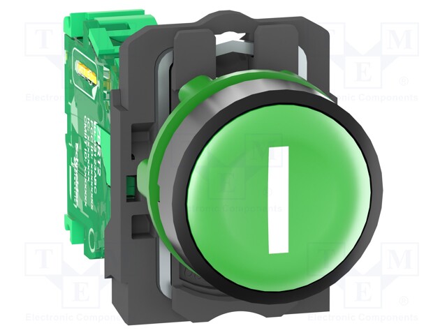 Switch: push-button; 22mm; Stabl.pos: 1; green; none; IP66; flat