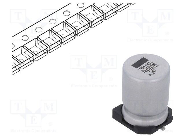 Capacitor: electrolytic; SMD; 100uF; 63VDC; 10x10x14mm; ±20%; 5000h