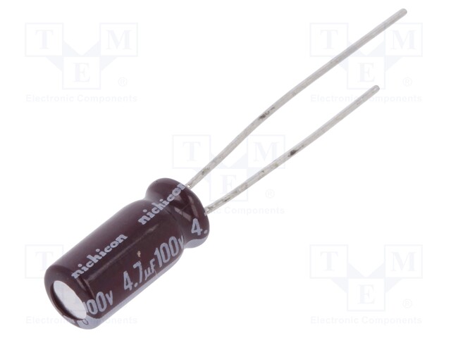 Capacitor: electrolytic; THT; 4.7uF; 100VDC; Ø5x11mm; Pitch: 2mm