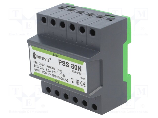 Transformer: safety; 80VA; 230VAC; 24V; IP30; Mounting: DIN; 1.3kg