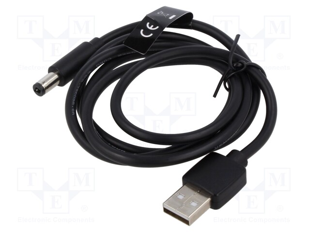 Cable; DC 5,5/2,5 plug,USB A plug; nickel plated; 1m; black; PVC