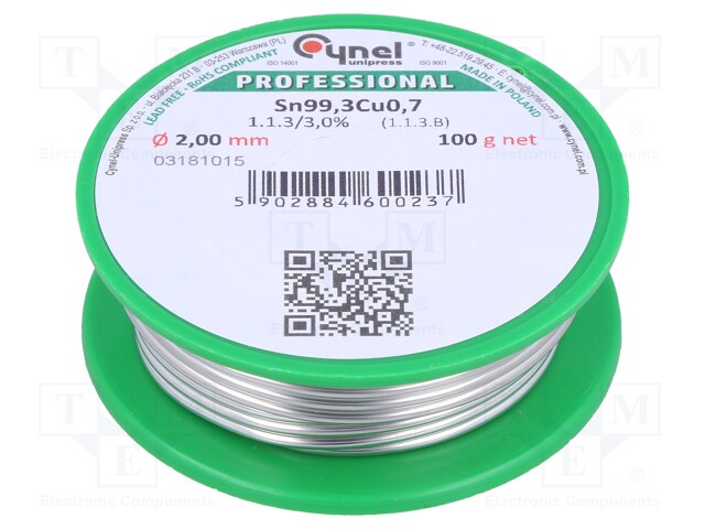 Soldering wire; Sn99,3Cu0,7; 2mm; 100g; lead free; Package: reel