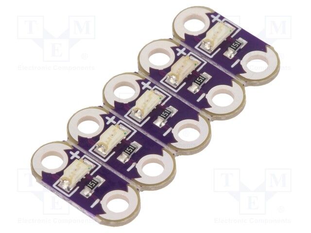 Module: LED; LilyPad; Colour: red; metalic holes; No.of diodes: 5