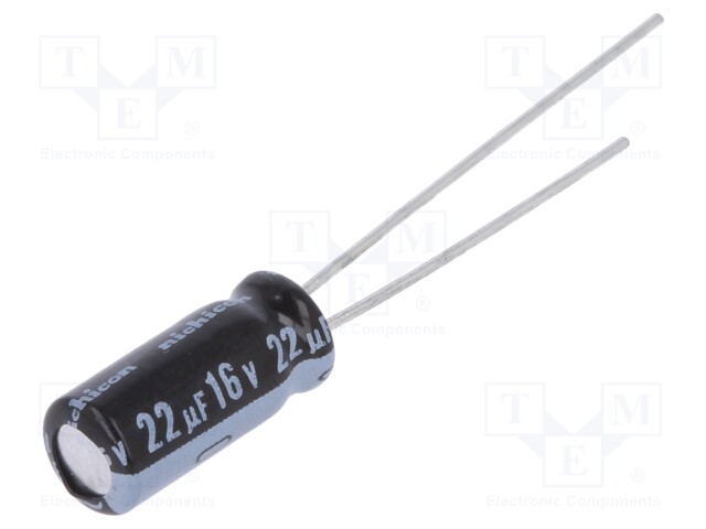 Capacitor: electrolytic; THT; 22uF; 16VDC; Ø5x11mm; Pitch: 5mm; ±20%