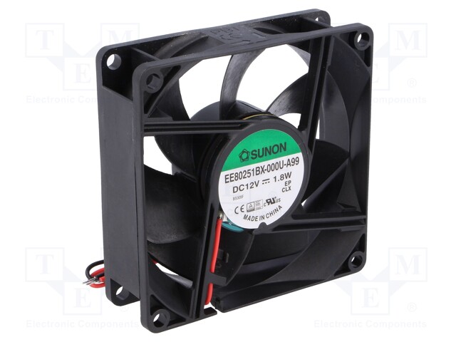 Fan: DC; axial; 12VDC; 80x80x25mm; 76.5m3/h; 38dBA; ball bearing