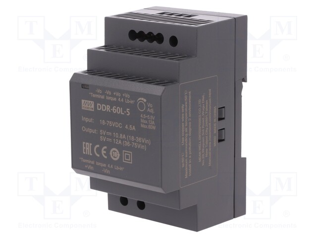 Power supply: DC/DC; 60W; 5VDC; 12A; 18÷75VDC; Mounting: DIN; 216g