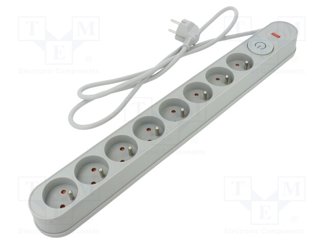 Plug socket strip: protective; Sockets: 8; 230VAC; 10A; grey; 1.5m