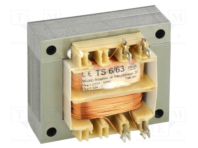 Transformer: mains; 6VA; 230VAC; 12V; 0.5A; Leads: solder lugs; IP00