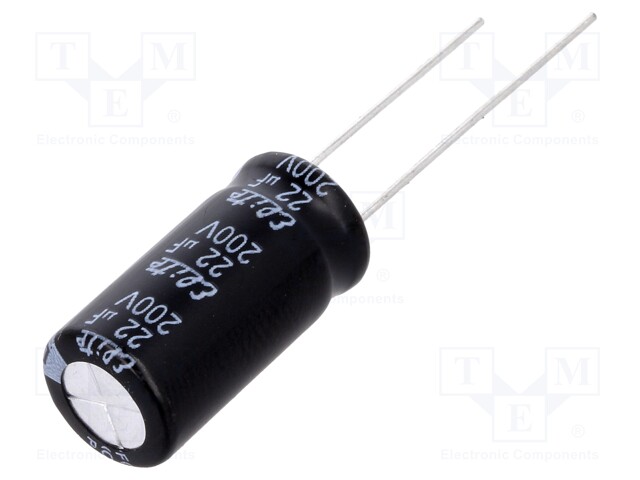 Capacitor: electrolytic; THT; 22uF; 200VDC; Ø10x20mm; Pitch: 5mm