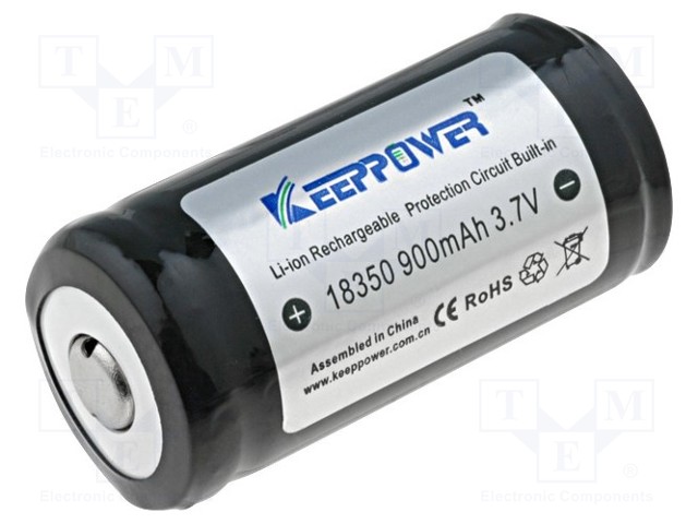 Re-battery: Li-Ion; 18350; 3.7V; 900mAh; Ø18x39mm; 7A