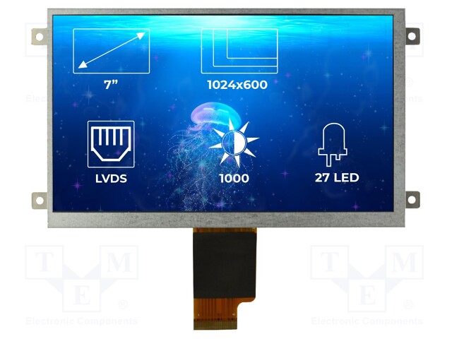 Display: TFT; 7"; 1024x600; Illumin: LED; Dim: 165.6x100.6x6mm