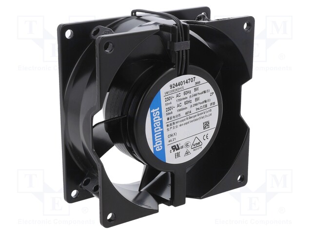 Fan: AC; axial; 230VAC; 92.5x92.5x38mm; 49m3/h; 24dBA; 1750rpm