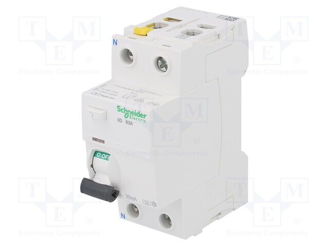 RCD breaker; Inom: 63A; Ires: 30mA; Poles: 2; 400V; Mounting: DIN