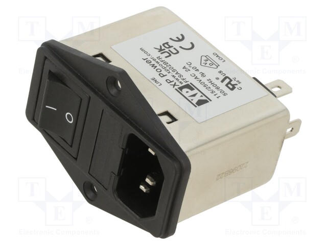 Filtered IEC Power Entry Module, Industrial, IEC C14, General Purpose, 2 A, 230 VAC, 2-Pole Switch