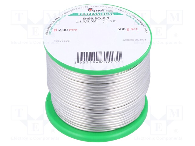 Soldering wire; Sn99,3Cu0,7; 2mm; 500g; lead free; Package: reel