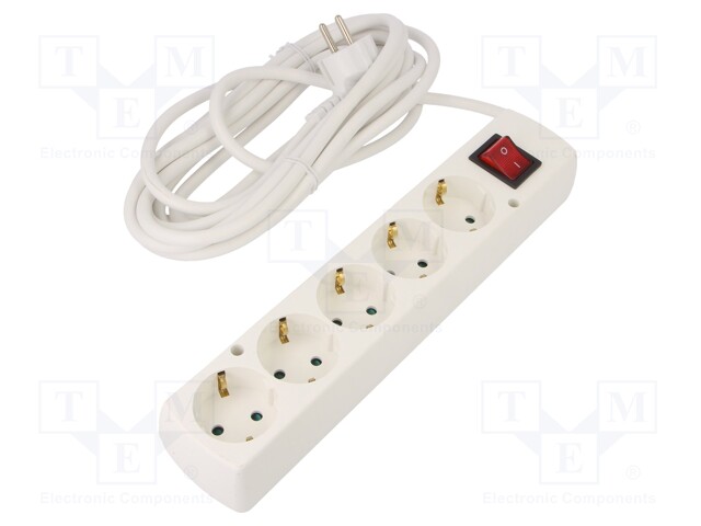 Extension lead; Schuko; Sockets: 5; white; 3x1,5mm2; 5m; 16A