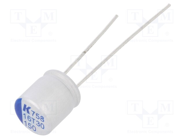 Polymer Aluminium Electrolytic Capacitor, 150 µF, 16 V, Radial Leaded, A758 Series, 0.015 ohm