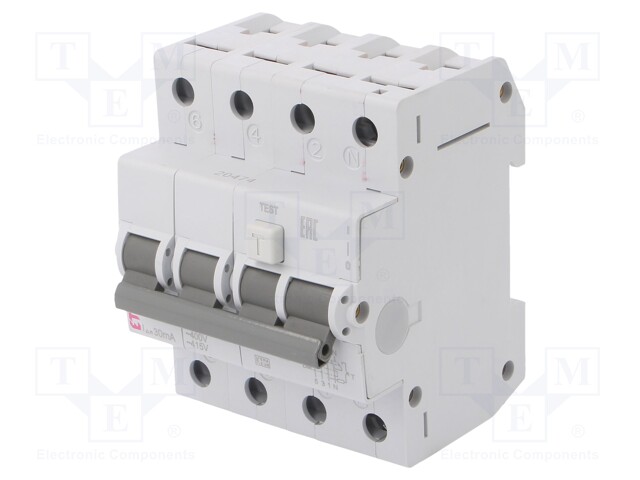 RCBO breaker; Inom: 20A; Ires: 30mA; Poles: 3+N; 230/400VAC; DIN