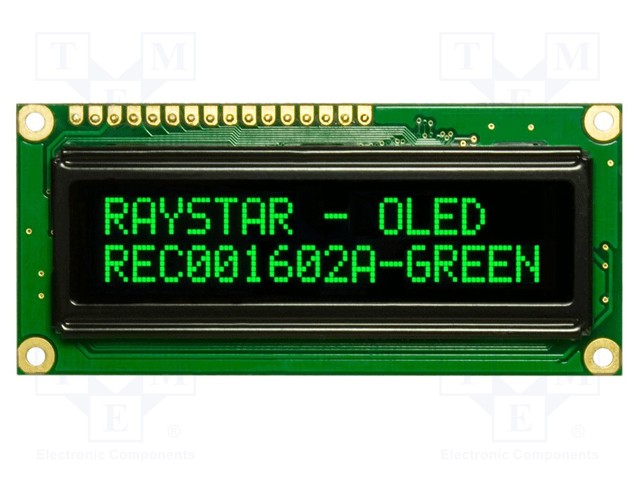 Display: OLED; alphanumeric; 16x2; Dim: 80x36x10mm; green; PIN: 16