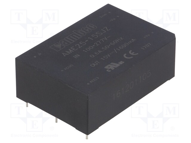 Converter: AC/DC; 25W; Uout: 15VDC; Iout: 1.6A; 84%; Mounting: PCB