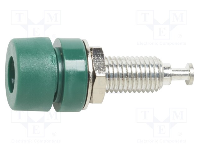 Socket; 4mm banana; 15A; green; tinned; on panel; max.115°C; 10pcs.