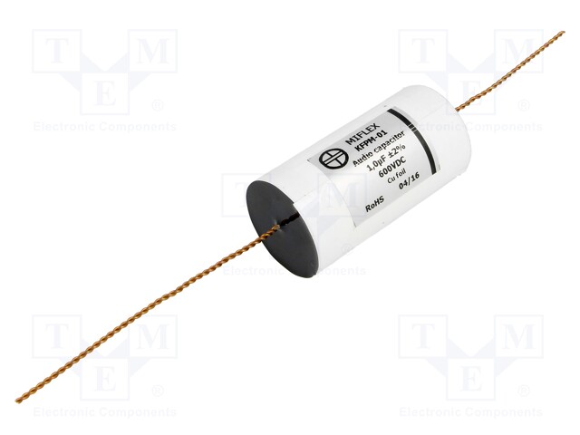 Capacitor: copper-polypropylene; 1uF; 600VDC; ±2%; Ø37x62mm; 0.008