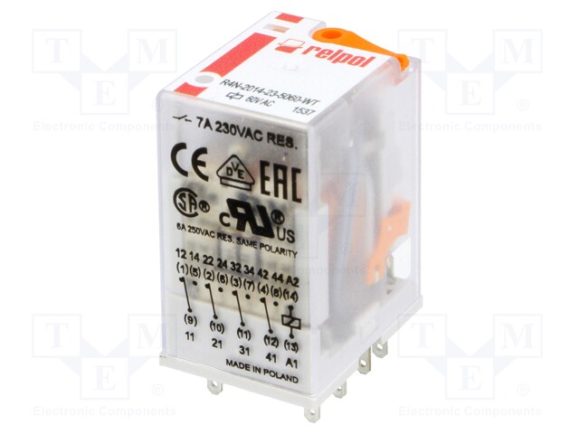 Relay: electromagnetic; 4PDT; Ucoil: 60VAC; 6A/250VAC; 6A/24VDC