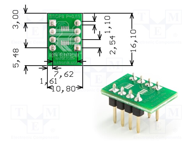 IC Adapter, PCB, 8-SSOP, 7.62 mm Row Pitch, 2.54 mm Spacing