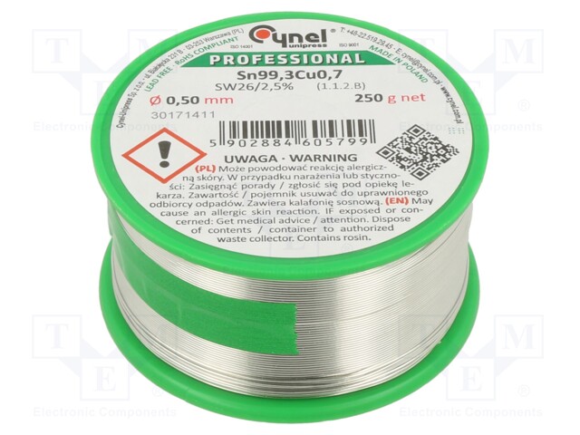 Soldering wire; Sn99,3Cu0,7; 0.5mm; 250g; lead free; Package: reel