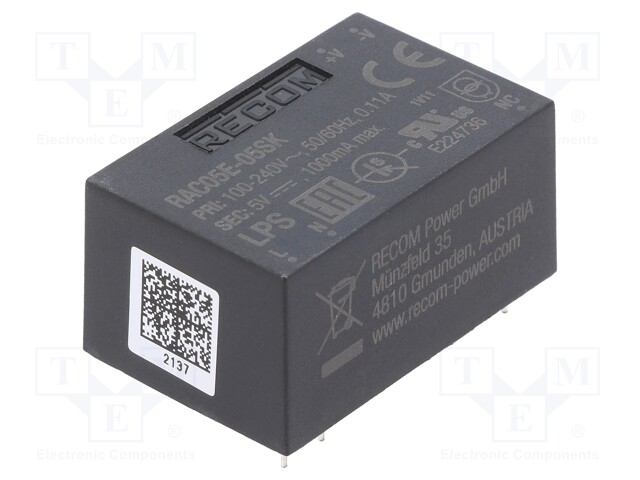 Converter: AC/DC; 5W; 90÷264VAC; Usup: 130÷370VDC; Uout: 5VDC; 74%