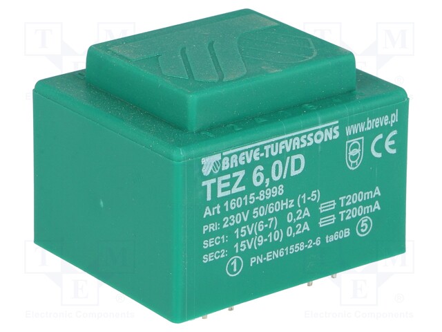 Transformer: encapsulated; 6VA; 230VAC; 15V; 15V; 200mA; 200mA; IP00