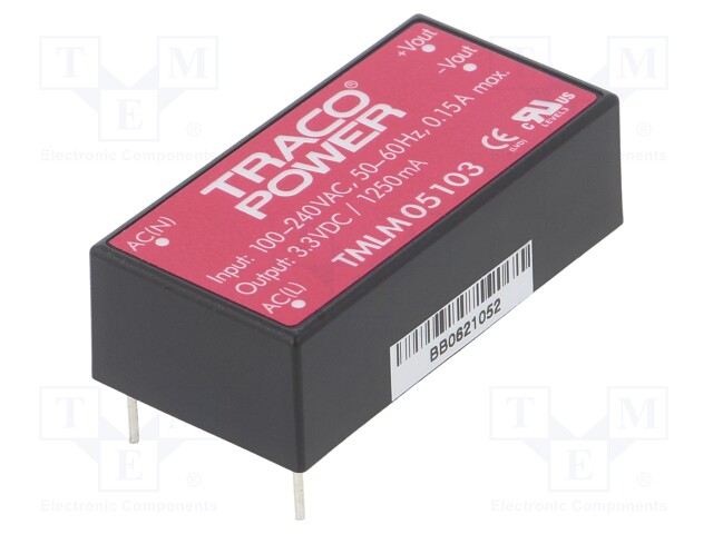 Converter: AC/DC; 4.1W; Uout: 3.3VDC; Iout: 1250mA; 68%; Series: TMLM