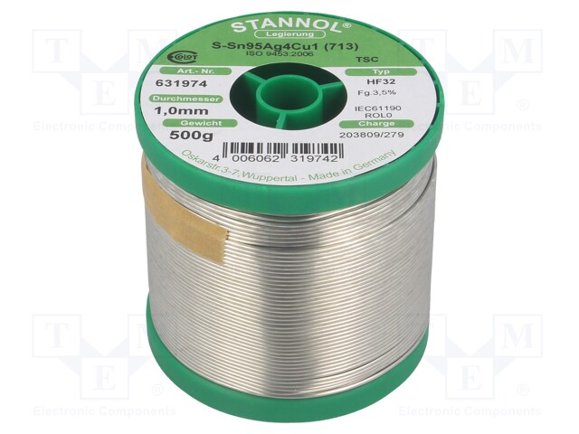 Soldering wire; Sn95Ag4Cu1; 1mm; 0.5kg; lead free; Package: reel