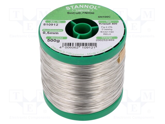 Soldering wire; Sn99,3Cu0,7+NiGe; 0.5mm; 0.5kg; lead free; 227°C