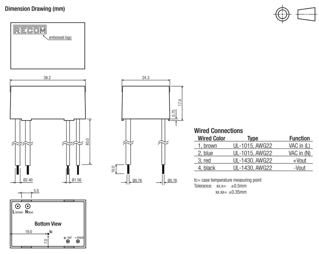 Converter: AC/DC; 3W; Uout: 24VDC; Iout: 125mA; 80%; Mounting: cables