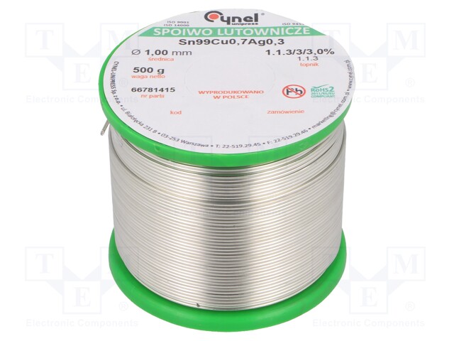 Soldering wire; Sn99Ag0,3Cu0,7; 1mm; 500g; lead free; 216÷227°C