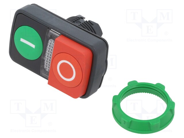 Switch: double; Stabl.pos: 1; 22mm; green/red; IP20; Pos: 2; Ø22mm