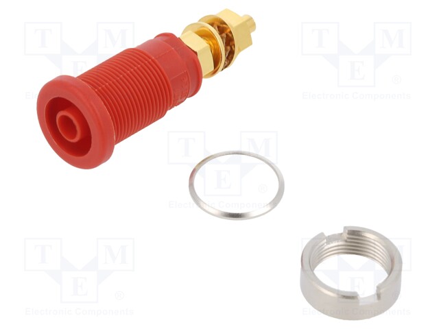 Socket; 4mm banana; 32A; 1kVDC; red; gold-plated; screw; 39mm