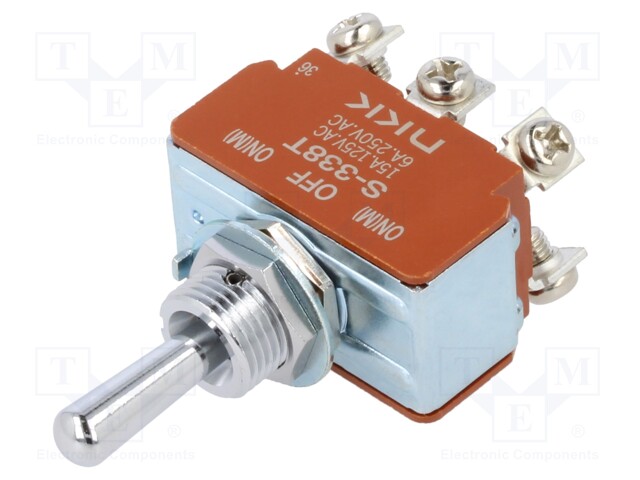 Switch: toggle; Pos: 3; DP3T; (ON)-OFF-(ON); 6A/250VAC; 20A/30VDC