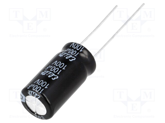 Capacitor: electrolytic; THT; 100uF; 100VDC; Ø10x20mm; Pitch: 5mm