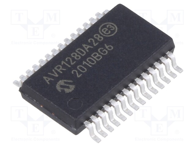 AVR microcontroller; EEPROM: 512B; SRAM: 16kB; Flash: 128kB; SSOP28