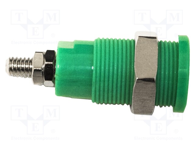 4mm banana; 36A; 1kV; green; nickel plated; on panel,screw; brass