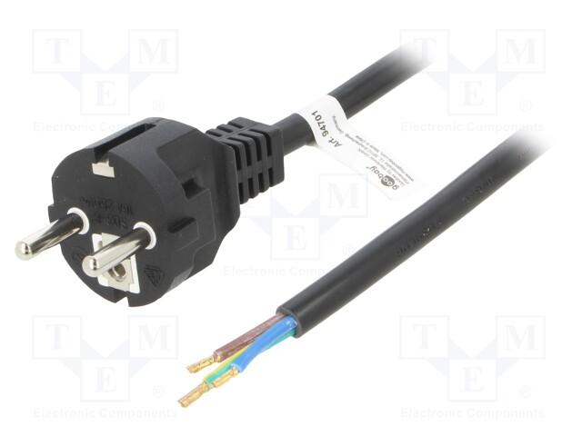 Cable; CEE 7/7 (E/F) plug,wires; PVC; 1.5m; black; 16A; 250V