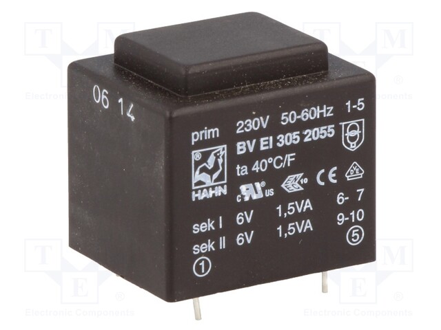 Transformer: encapsulated; 3VA; 230VAC; 6V; 6V; 250mA; 250mA; 111g