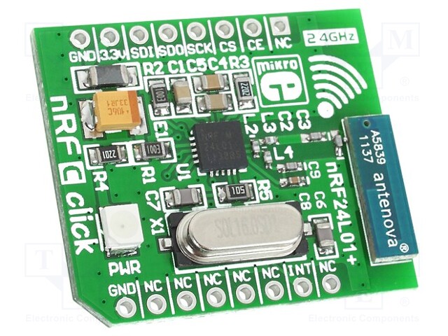 Click board; RF transceiver; SPI; A5839,nRF24L01P; 3.3VDC