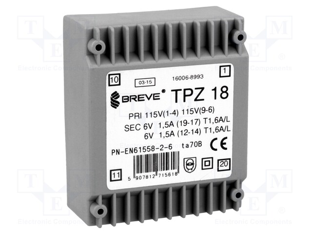 Transformer: mains; 18VA; 115VAC; 6V; 6V; 1.5A; Mounting: PCB; IP00