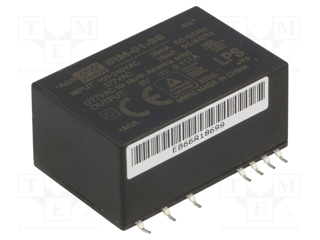 Power supply: switched-mode; modular; 1W; 9VDC; 33.7x22.2x16mm